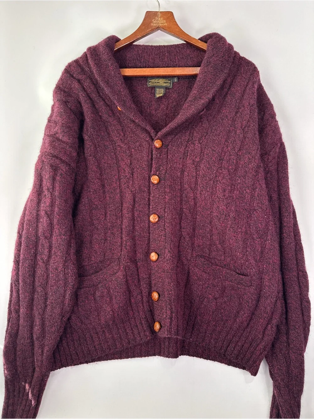 Eddie Bauer Vintage Shawl Collar Cable Knit Wool Cardigan Burgundy XL